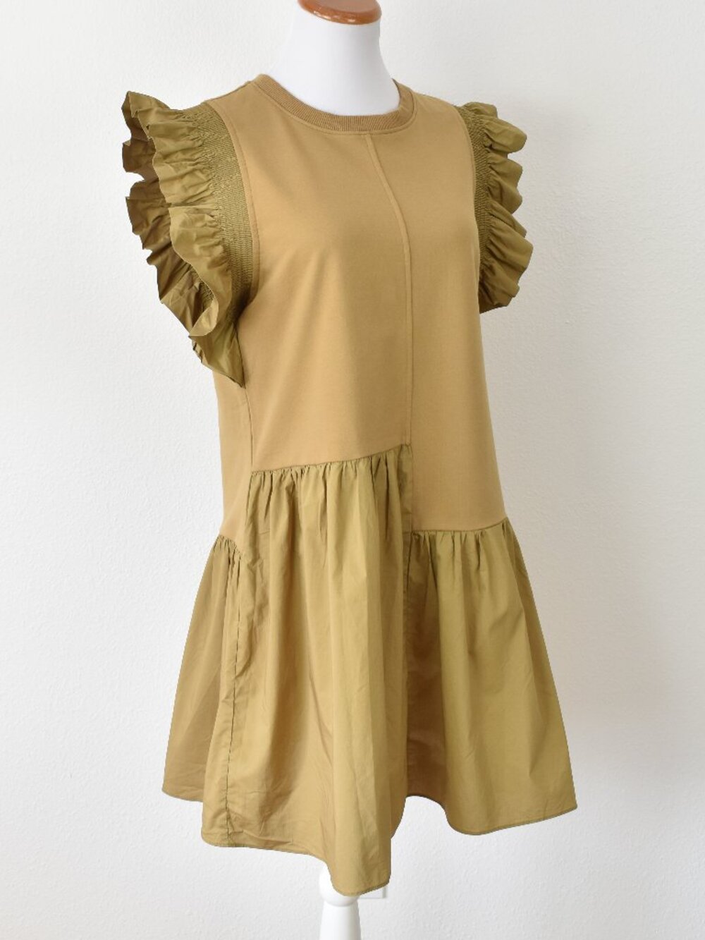 English Factory Mixed Media Ruffle Sleeve Dress Tan - M - Picture 7 of 9